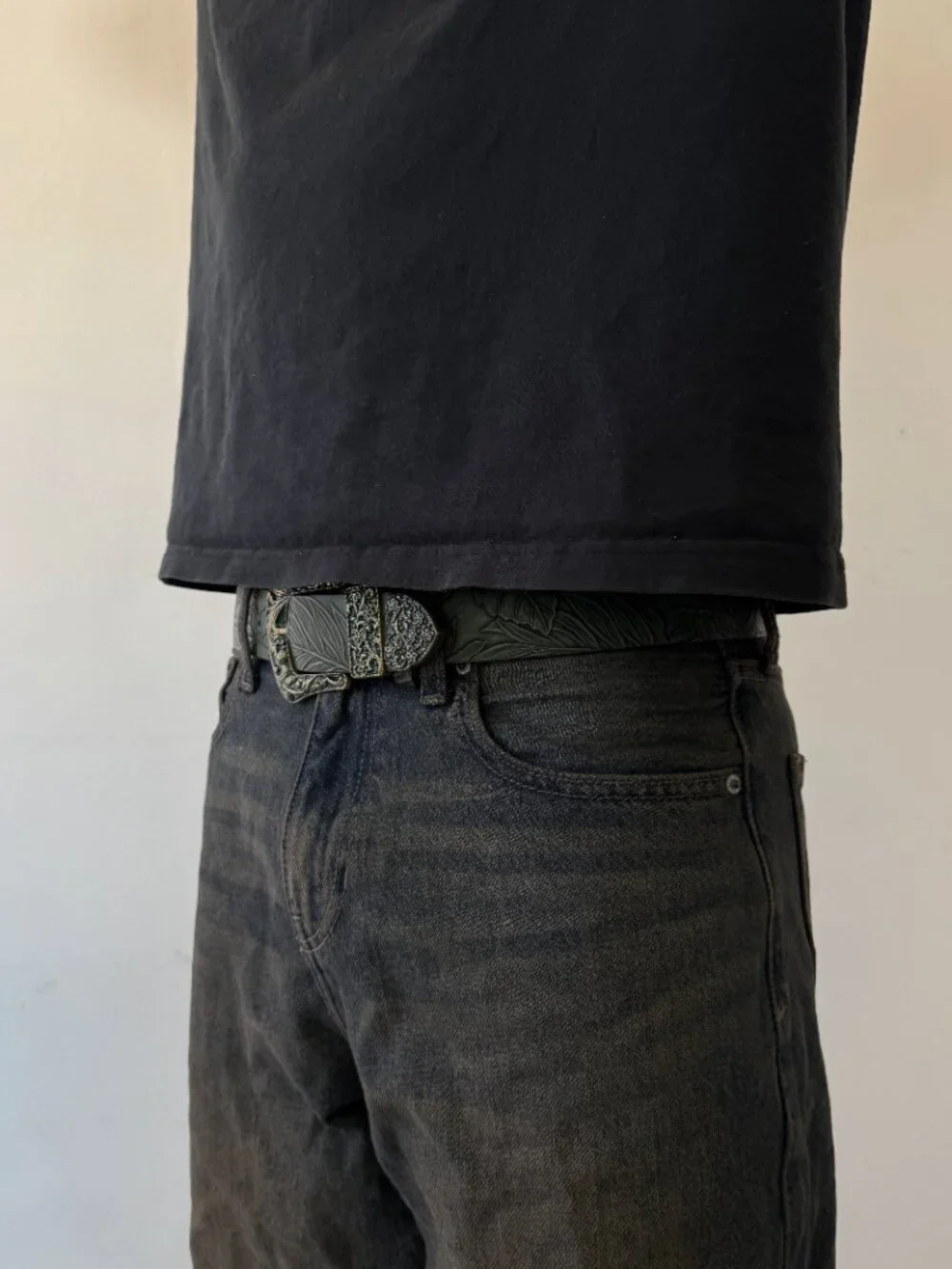 Olive Green Tooled Faux Leather Western Buckle Belt